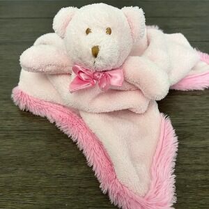 Blankets & Beyond Pink Teddy Bear Lovey Security Blanket Plush Faux Fur Trim Bow